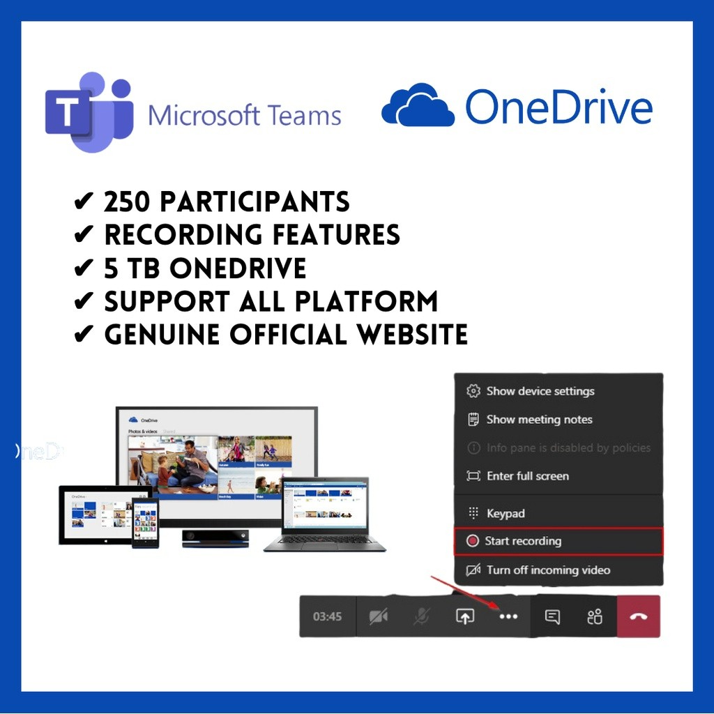 OneDrive 5TB Storage Microsoft Team Unlimited Meet (24 hours, Record, 250 Participants) (New Account)